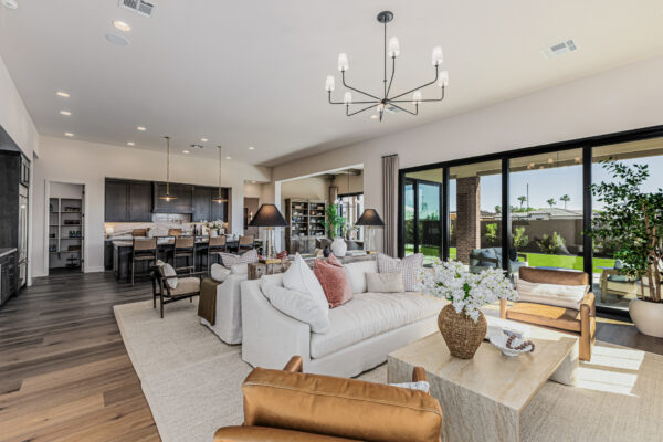 Hazelwood Model Great Room with view of back patio and yard--Willamette Floor Plan in Spanish Hacienda elevation style